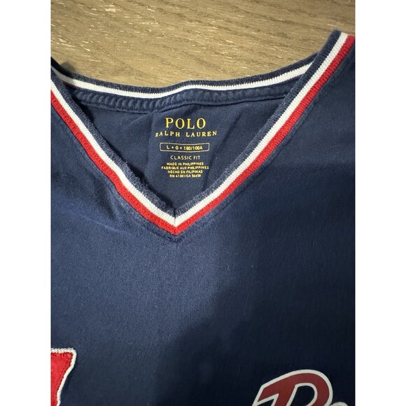 Polo Ralph Lauren V Neck Short Sleeve Shirt Bear Mens Large #67 Baseball Tee - Picture 6 of 9